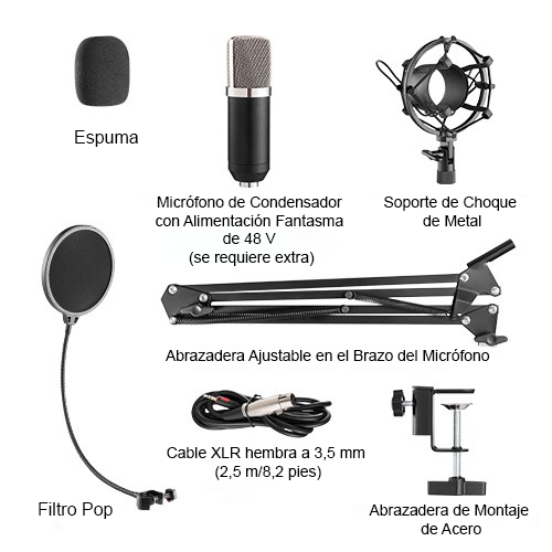 Micrófono condensador y soporte de brazo con abrazadera