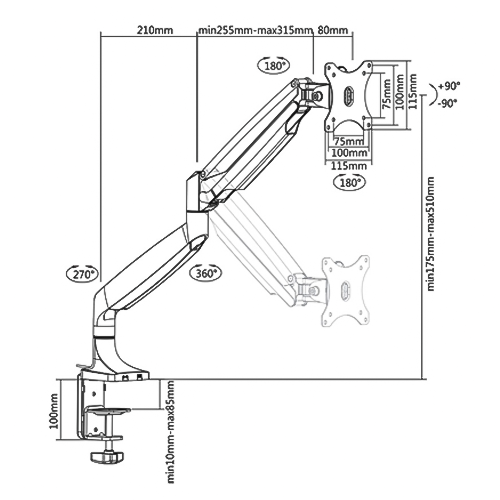 Rack Soporte con Gas Spring de Escritorio para Monitor 13 a 32 Pulg / Puerto USB y Audio