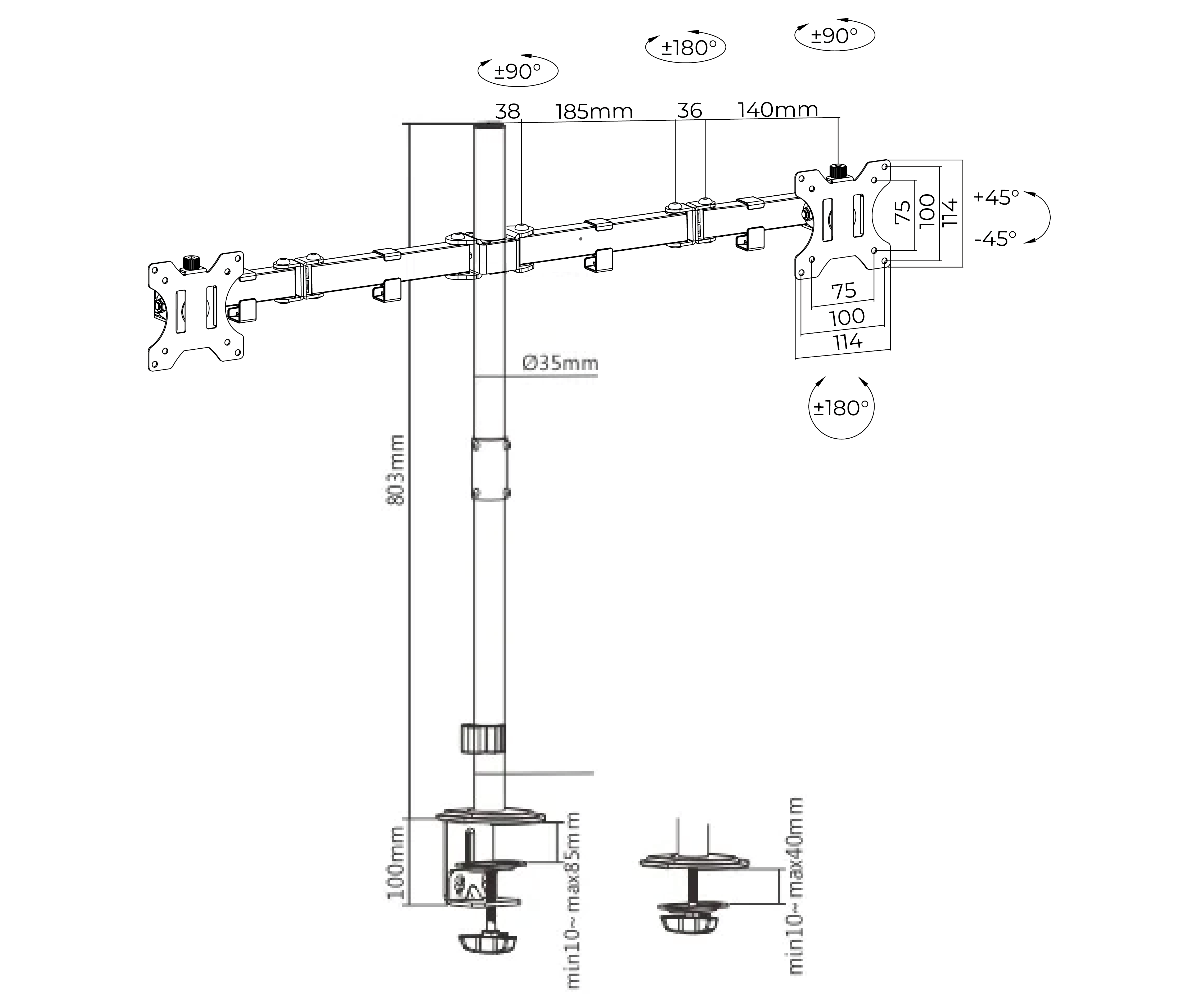 Rack Soporte Doble Brazo de Escritorio para 2 Monitores 13 a 32 pulg / Tubo Extra Alto 80cm