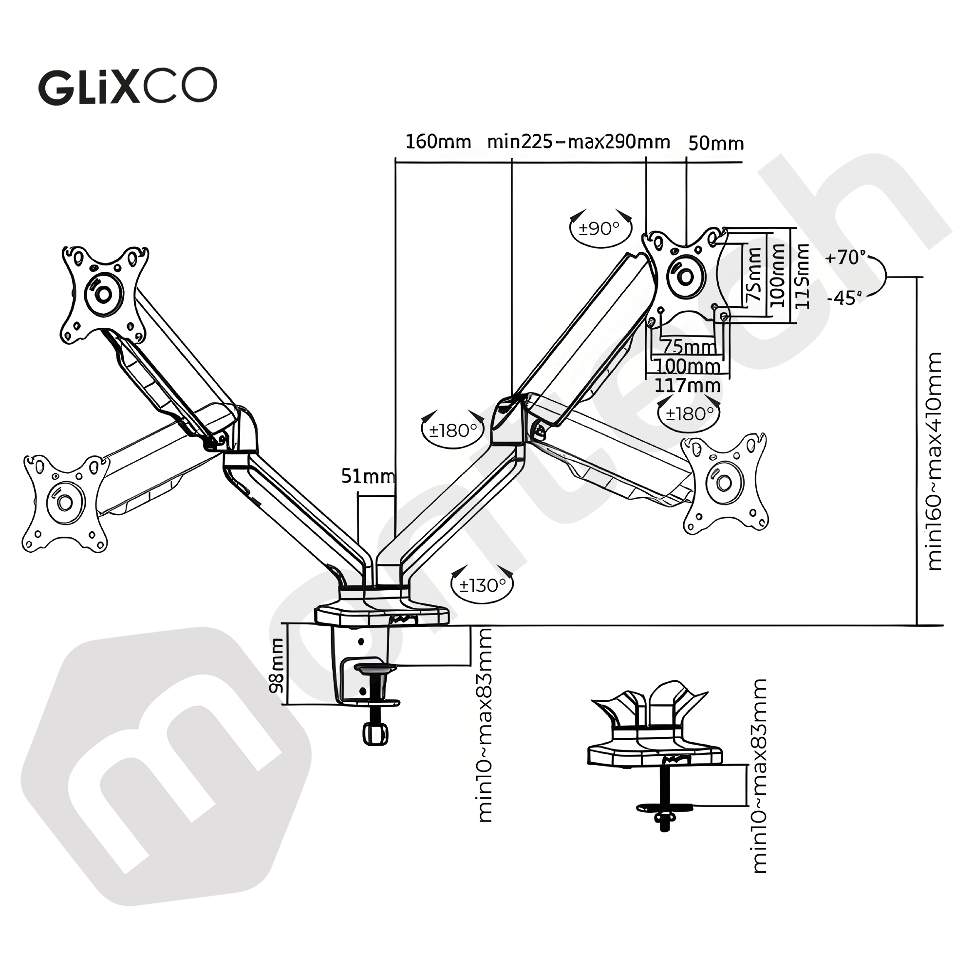 Rack Soporte Doble Brazo con Gas Spring para 2 Monitores 17 A 32 Pulg