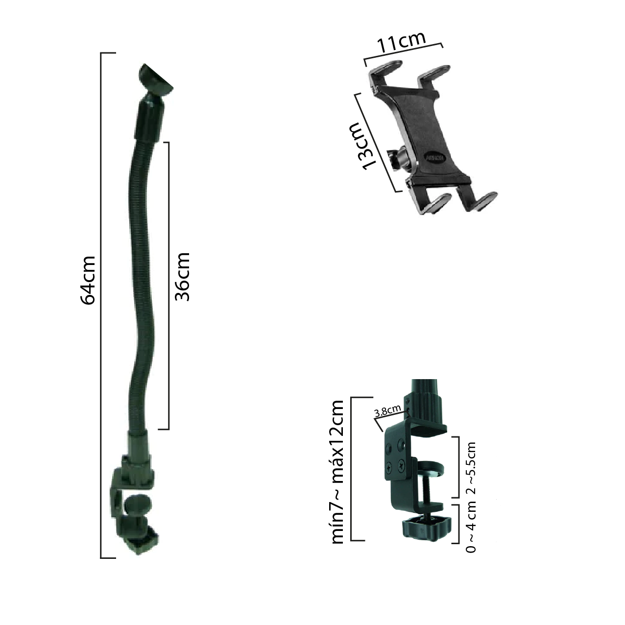 Soporte de escritorio o mesa con cuello Flexible 64 cm para tablet 7 a 18.4 Pulg / Abrazadera tipo Prensa