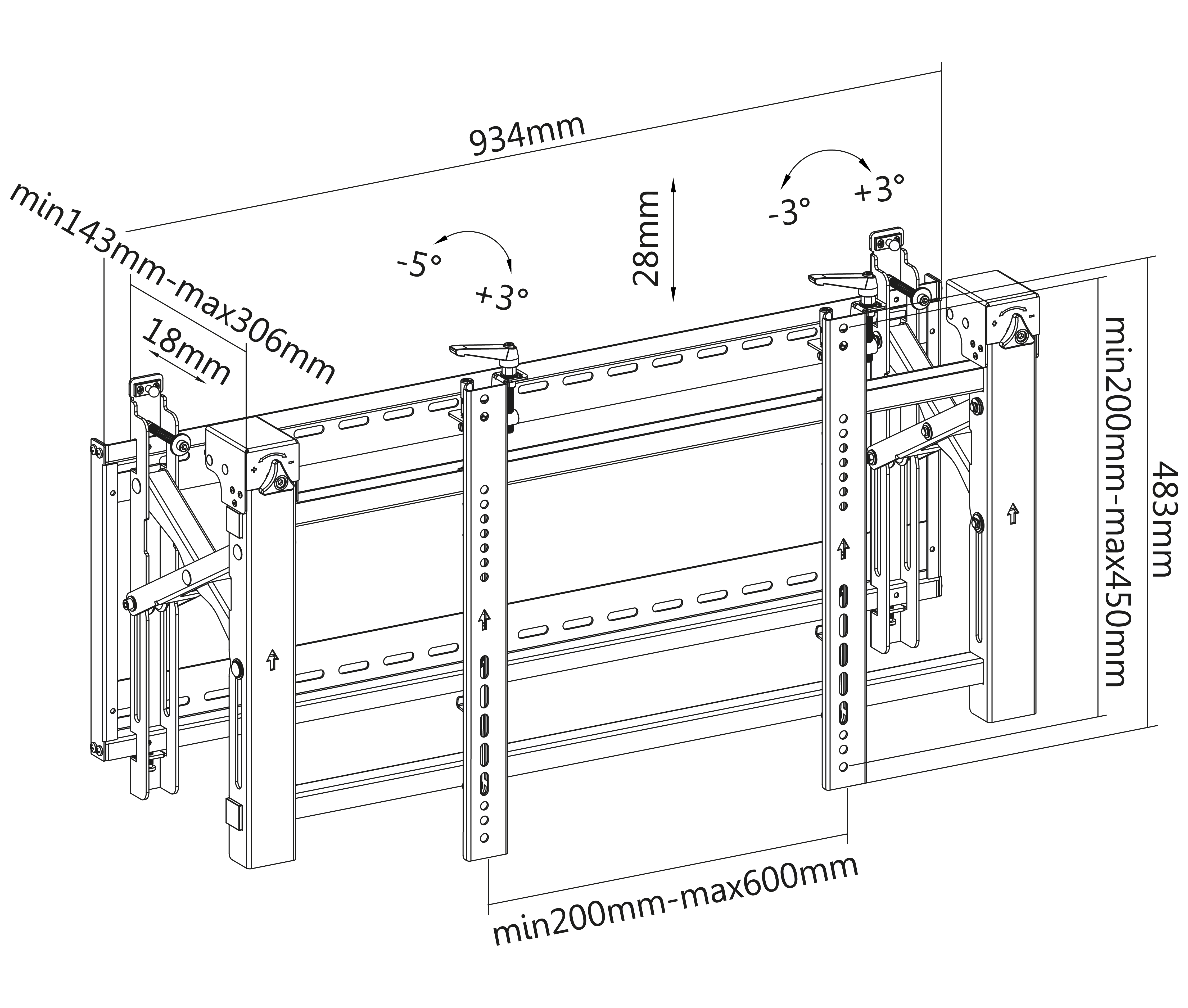 Soporte Videowall con sistema Push para TV Monitor 45 a 70 Pulg / VESA Max 600x400mm / Carga 70 kg / Horizontal / Perfil Min 143mm