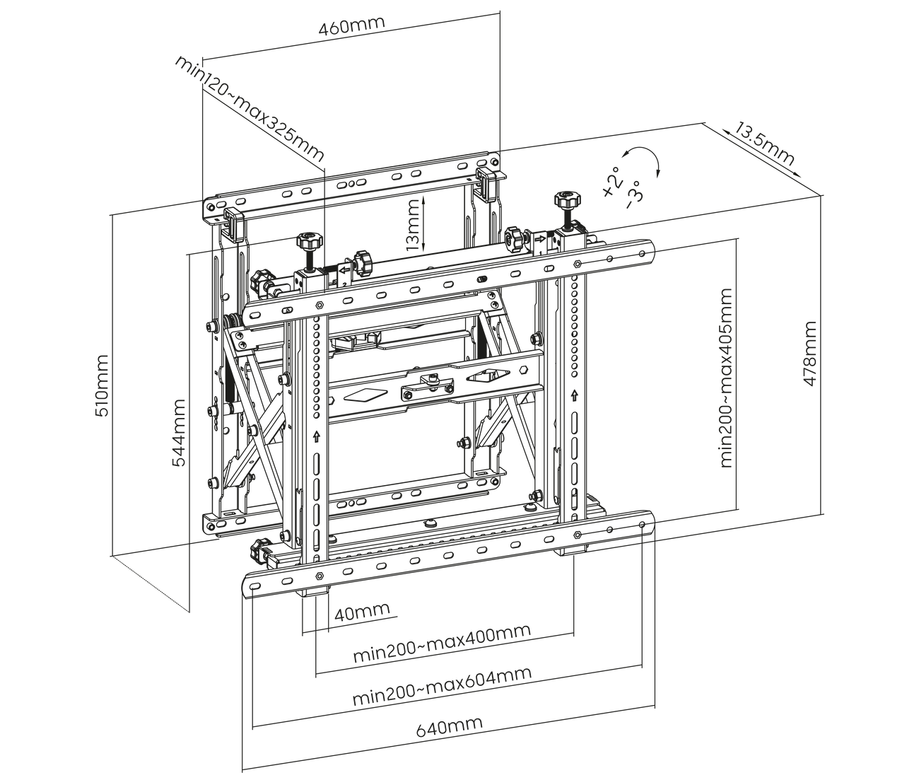 Soporte Videowall con sistema Push para TV Monitor 45 a 70 Pulg / VESA Max 600x400mm - 400x600mm / Carga 70 kg / Horizontal y Vertical / Perfil Min 120mm
