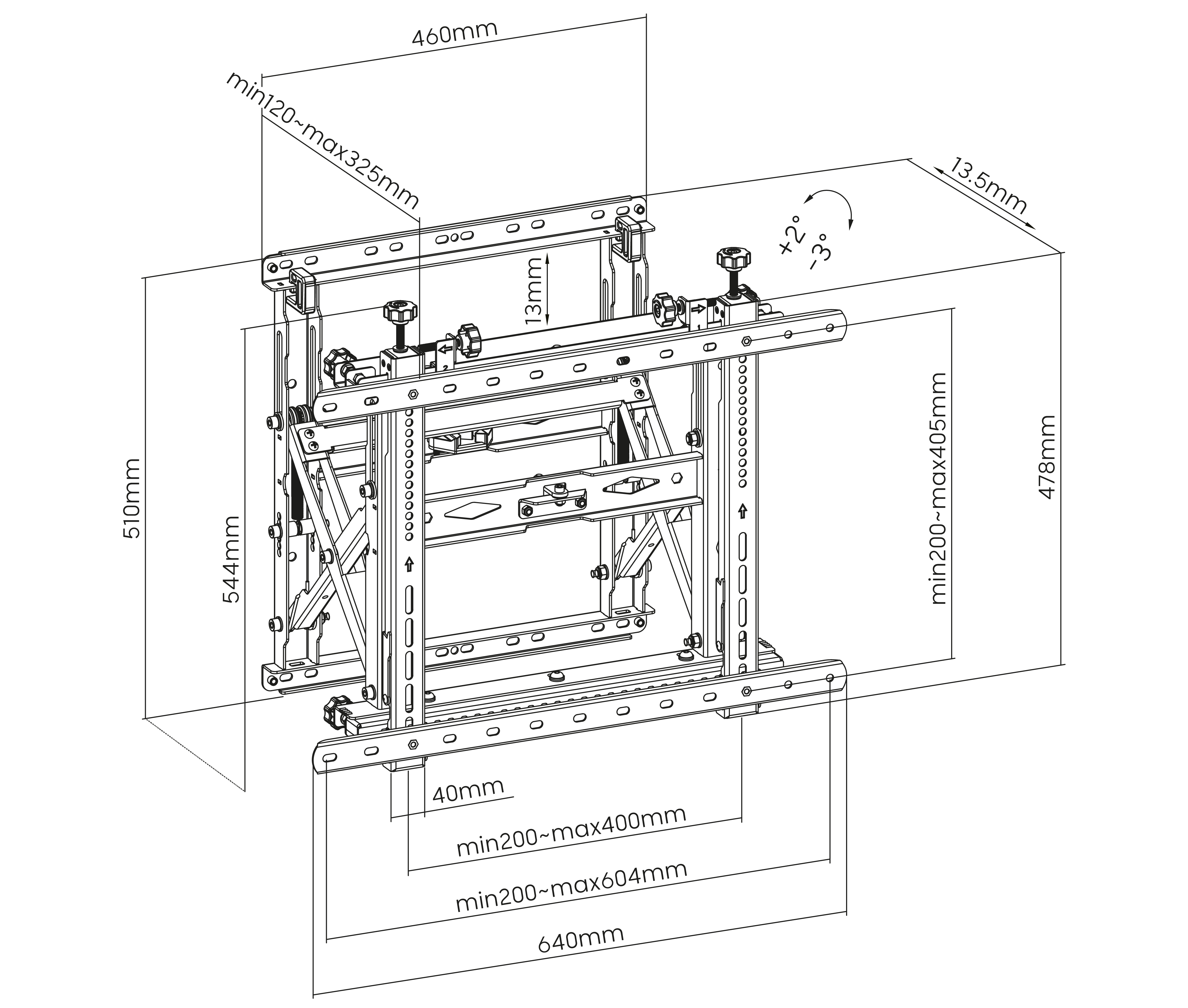 Soporte Videowall con sistema Push para TV Monitor 45 a 70 Pulg / VESA Max 600x400mm - 400x600mm / Carga 70 kg / Horizontal y Vertical / Perfil Min 120mm