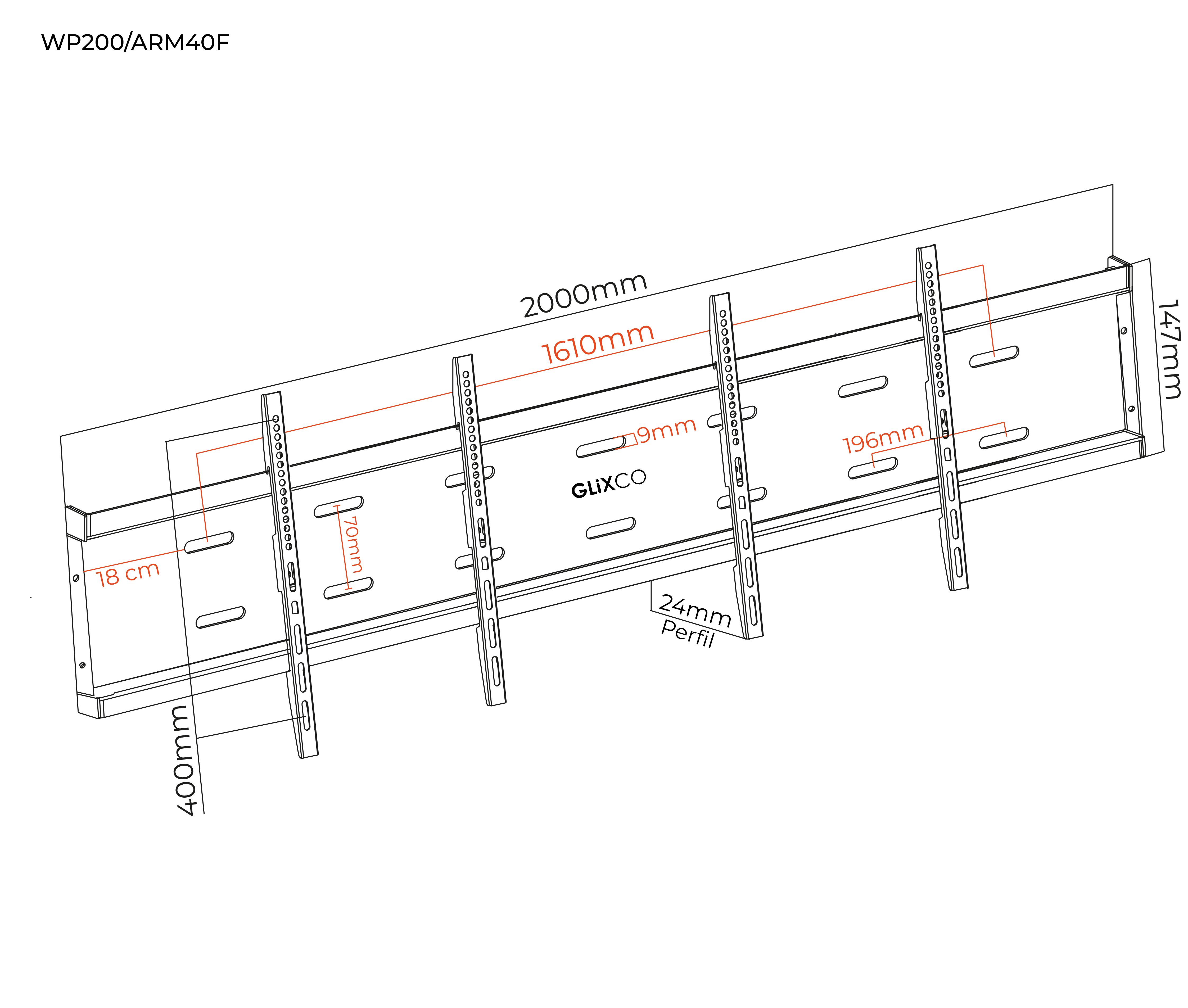 Rack Fijo Videowall 1x2 doble TV 49 a 55 Pulg / 200 cm / VESA Max 600x400mm