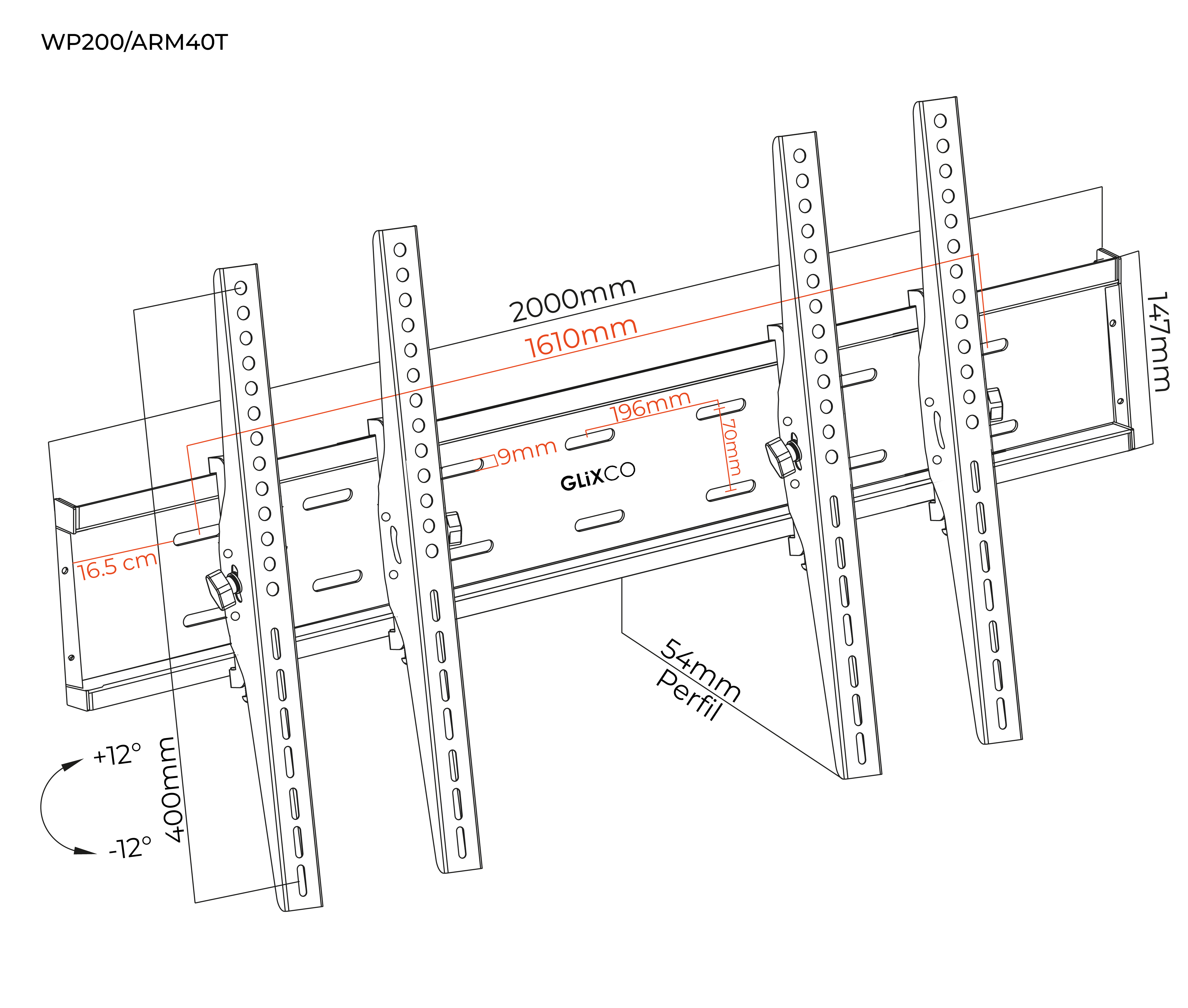 Rack Fijo Videowall 1x2 doble TV 49 a 55 Pulg / 200 cm / VESA Max 600x400mm