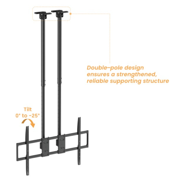 Rack Techo con doble Tubo TV 60 a 120 Pulg / Alt Regulable 109 - 169 cm / VESA Max 1000x600mm / Carga 120 kg
