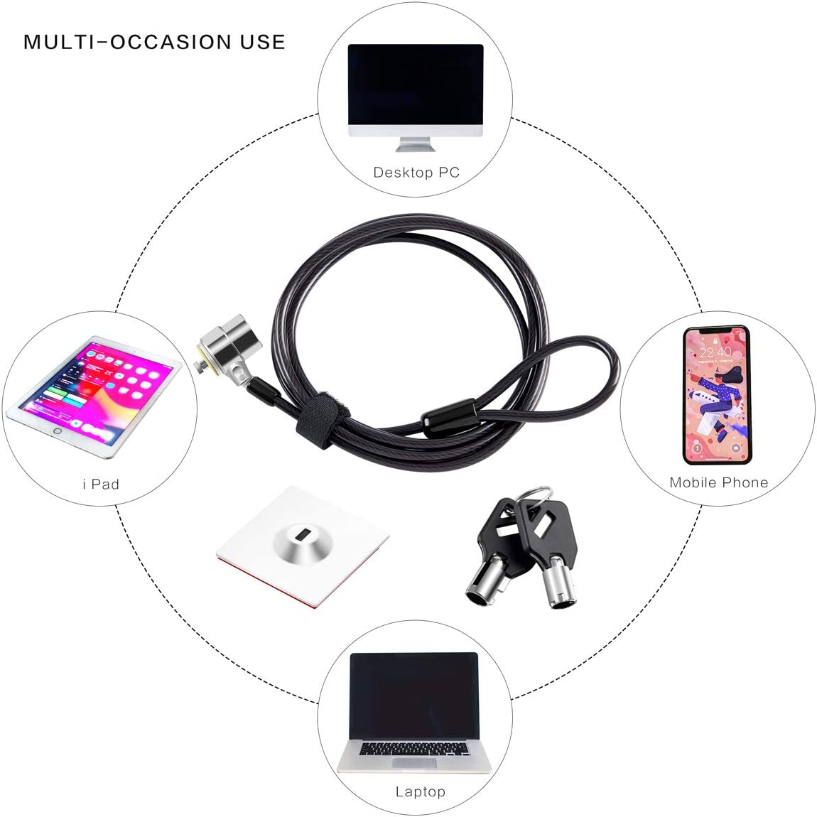 Cable de Seguridad para Celular / Tablet / Incluye Placa adhesiva y Llave codificada