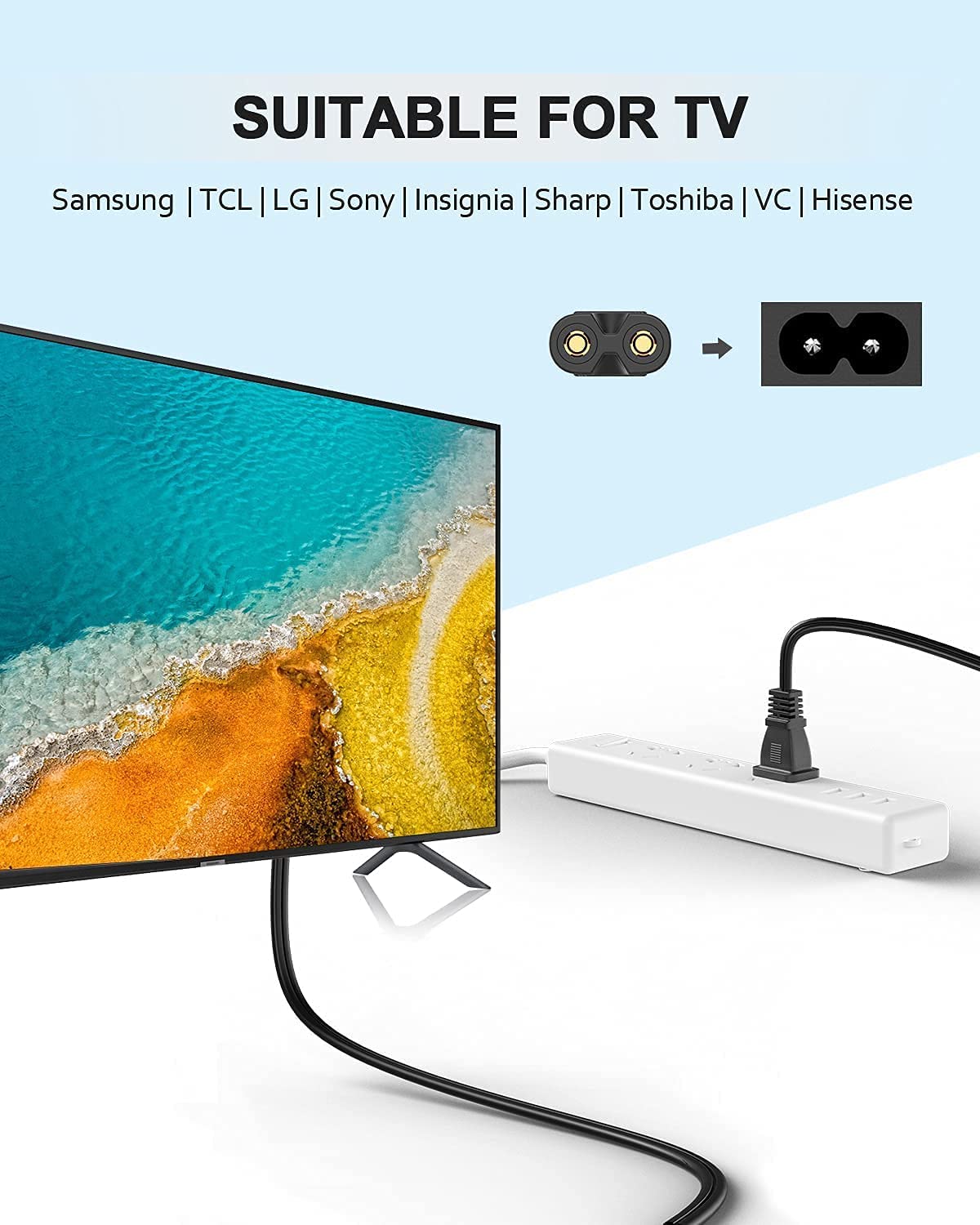 Cable de Poder de 3 Mts / Conector Tipo 8 / Certificación UL / 18 AWG / Ideal para Rack TV de brazo largo