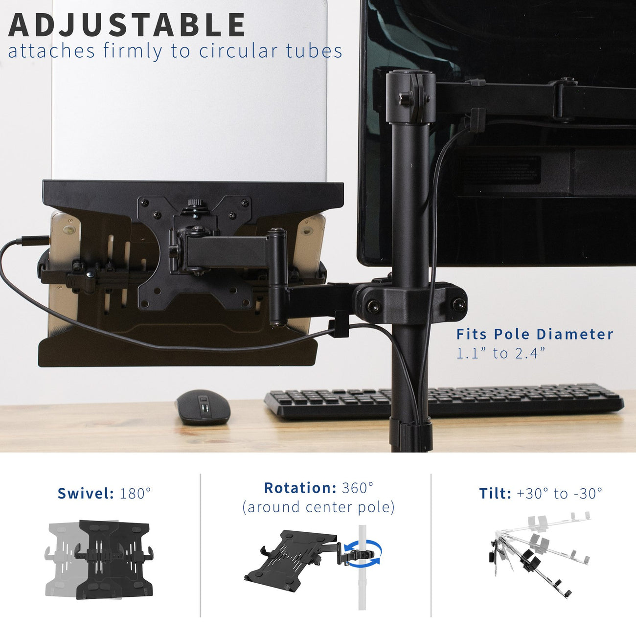 Brazo articulado Universal para Laptop 10 a 15.6 pulg / Montaje en Poste, Tubo de Diámetro 2.8~6 cm