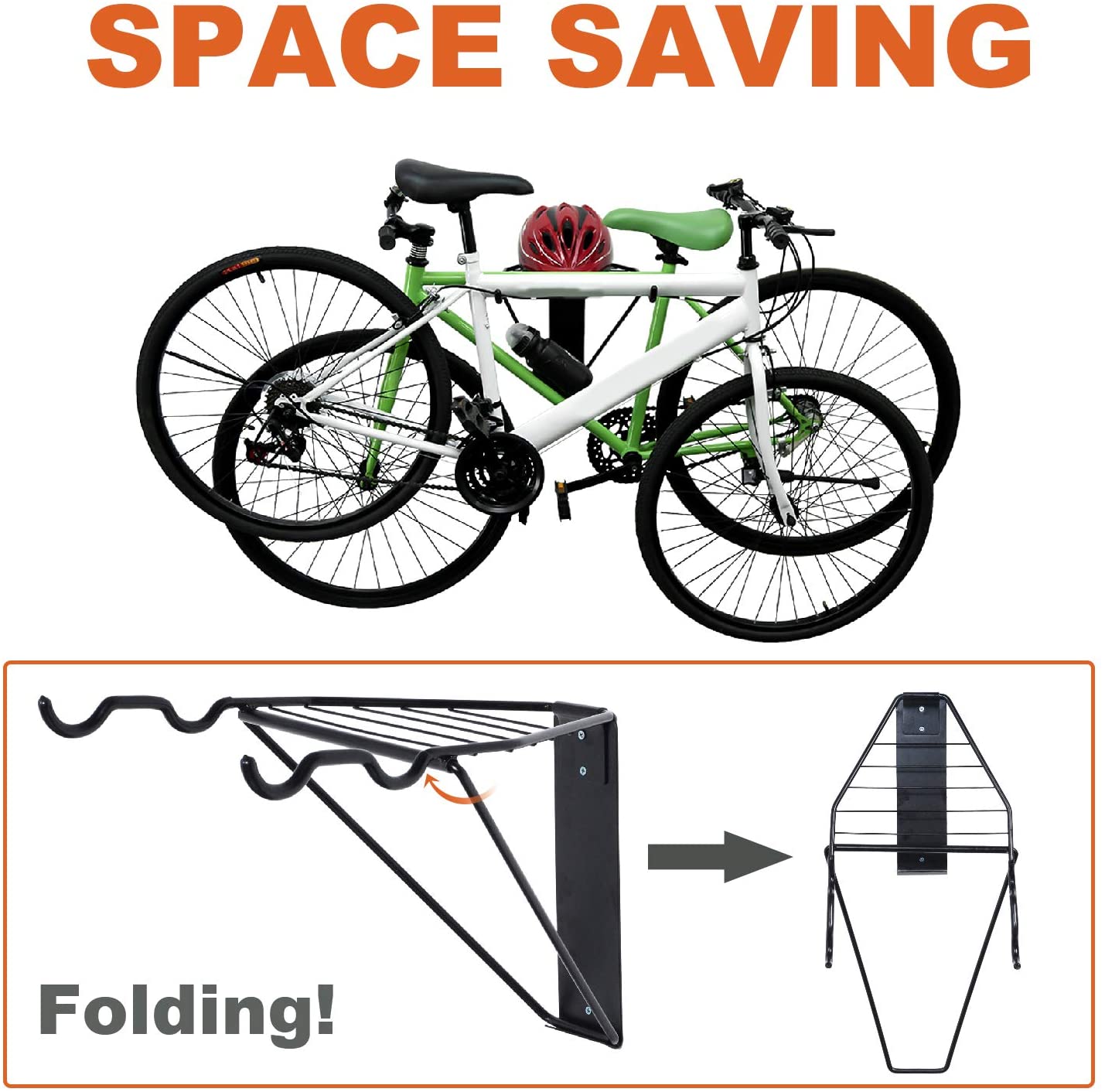 Rack soporte plegable de pared para 2 bicicletas y cascos