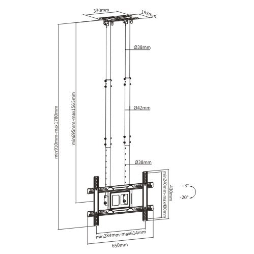 Rack Techo Alto para TV 37 a 70 Pulg / Alt Regulable 69.5 - 156 cm / VESA Max 600x400mm / Carga 50 kg