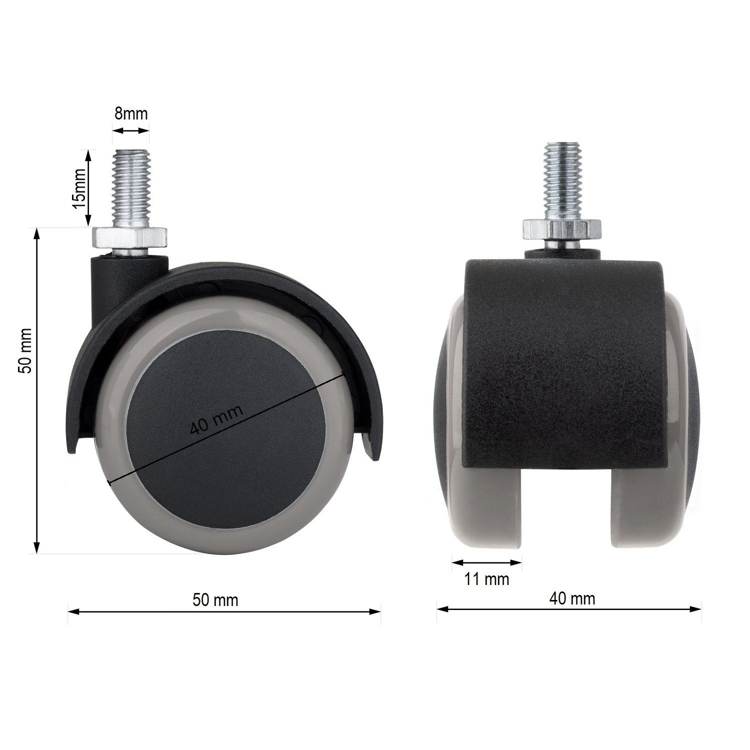 Rueda Garrucha 1.5" Pulg (40mm) Poliuretano / Perno M8 y freno para Mobiliario Liviano (x4)