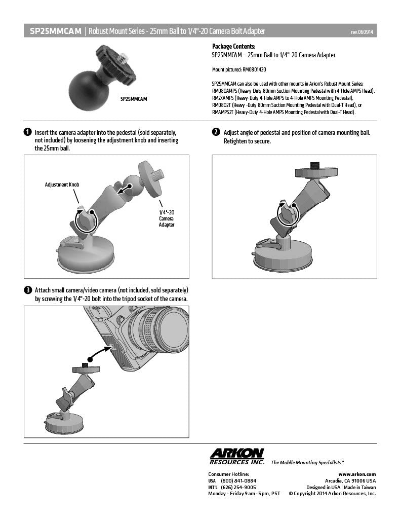 Repuesto - Bola giratoria de 25mm a adaptador de perno de montaje de cámara de 1/4 "-20