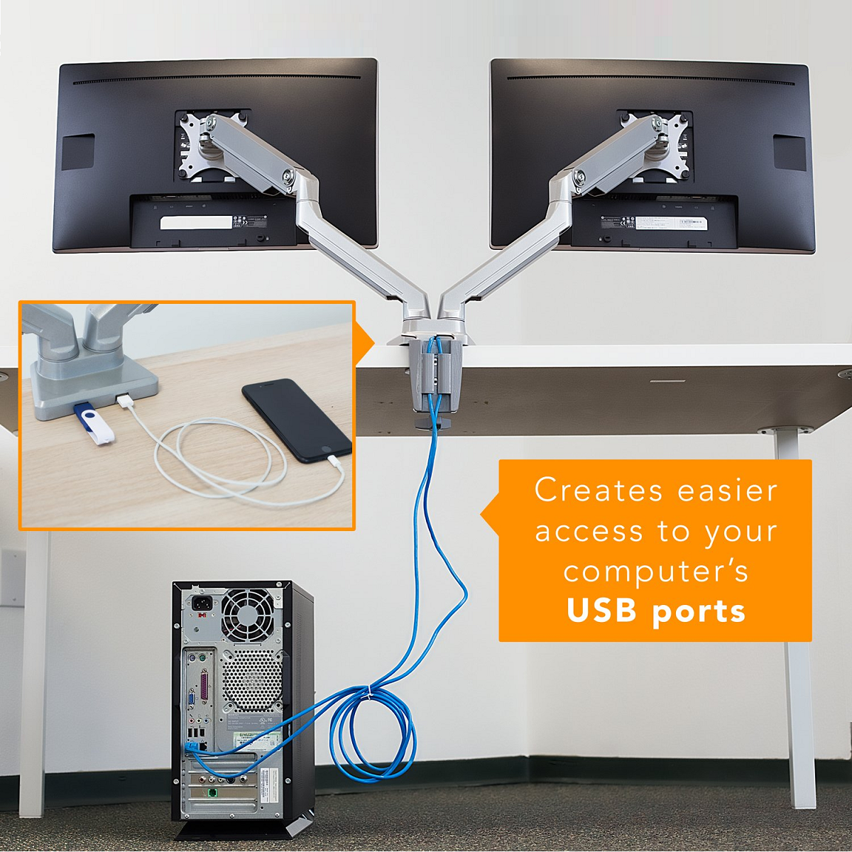 Rack Soporte Doble Brazo con Gas Spring de Escritorio para 2 Monitores 13 a 32 pulg / Puerto USB y Audio