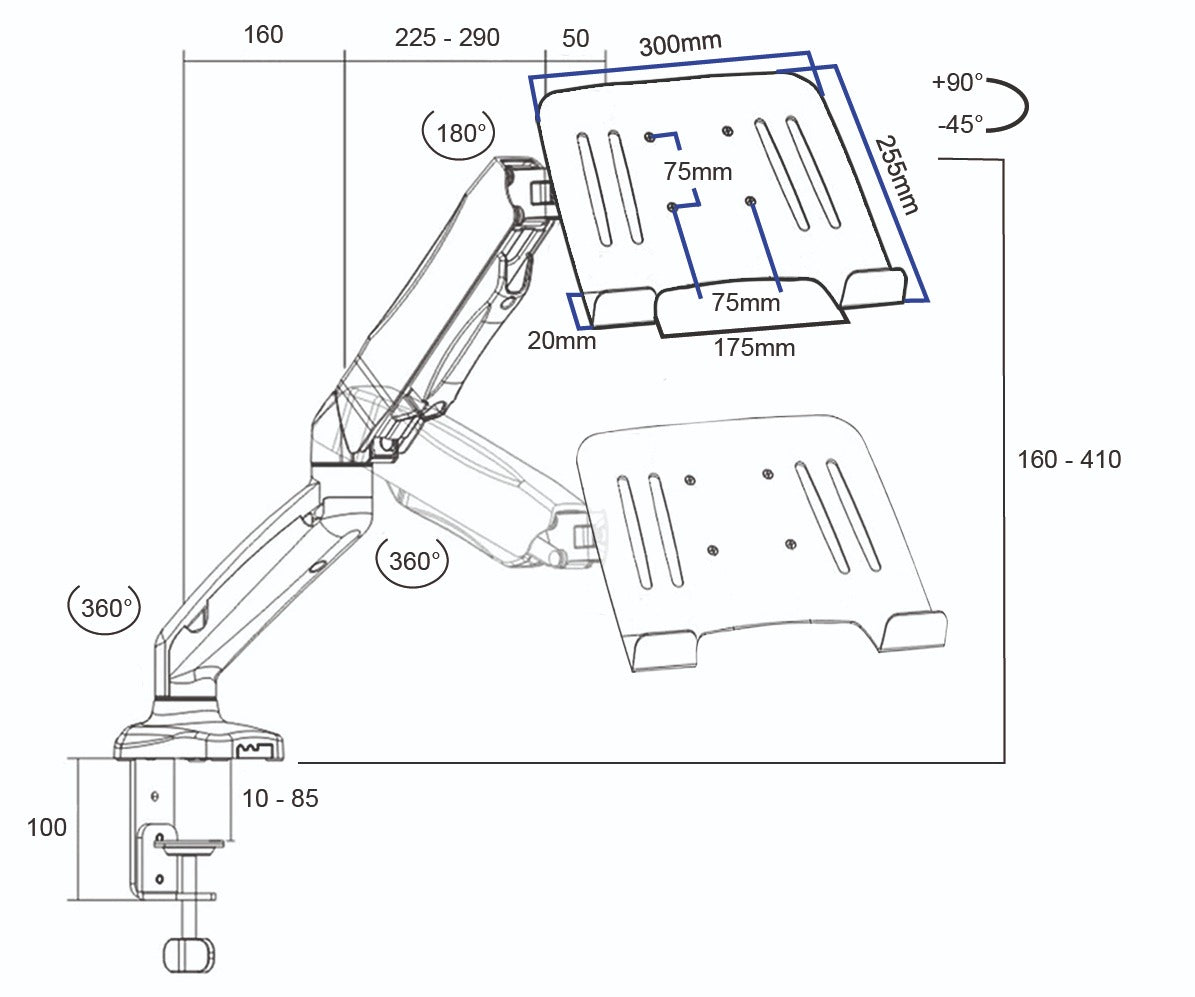 Rack Soporte con Gas Spring para Laptop 10 a 15 Pulg