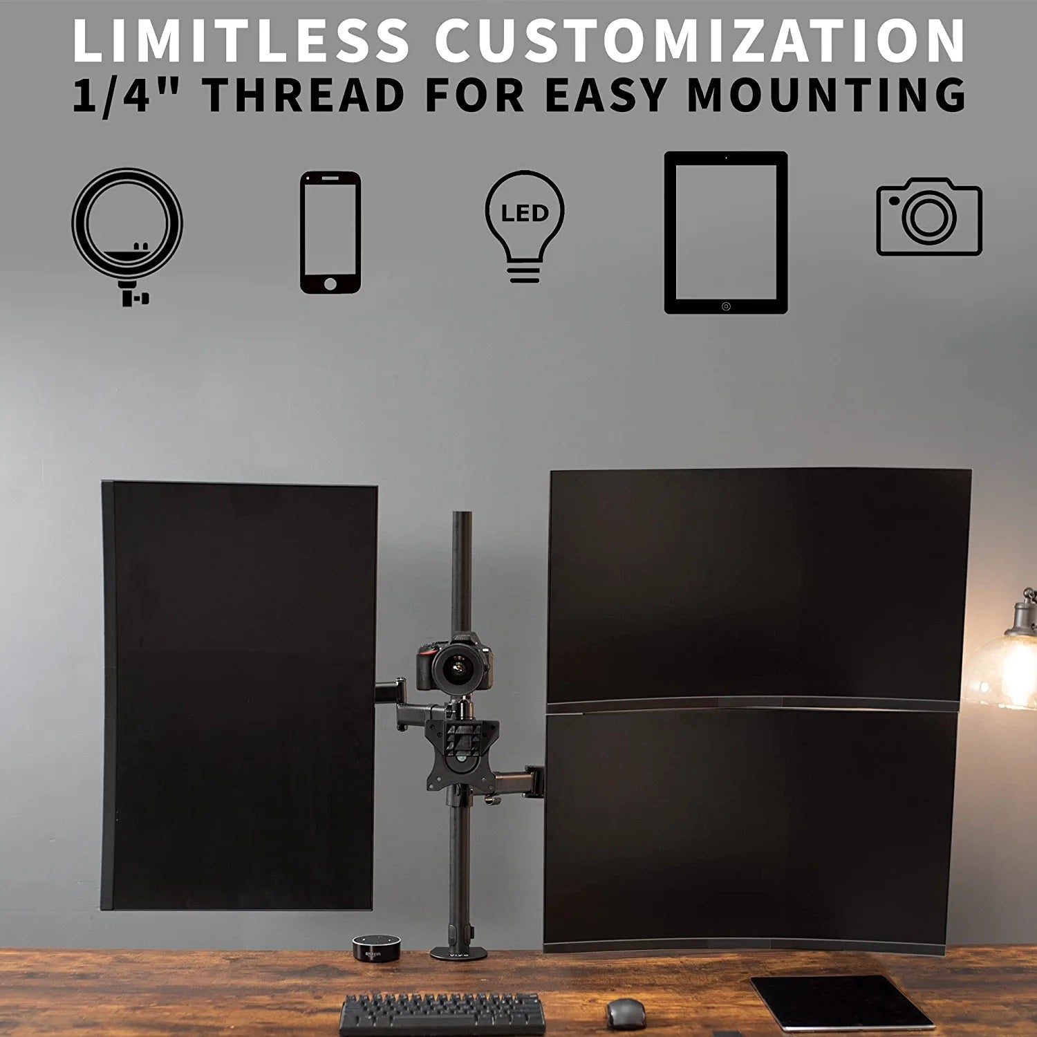 Soporte con Rosca 3/8 y 5/8 para Cámara web , Micrófono, Cámara Profesional, Aro de Luz - Fijación en Pared o Rack Vesa con brazo