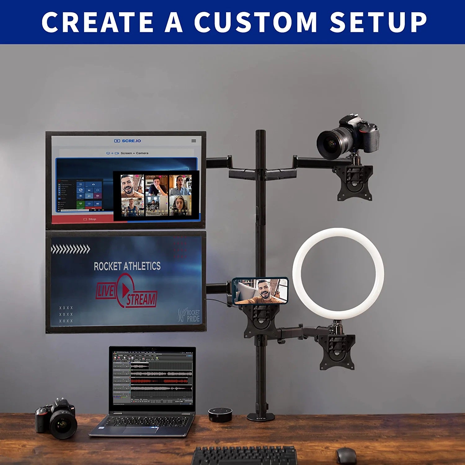 Soporte con Rosca 3/8 y 5/8 para Cámara web , Micrófono, Cámara Profesional, Aro de Luz - Fijación en Pared o Rack Vesa con brazo