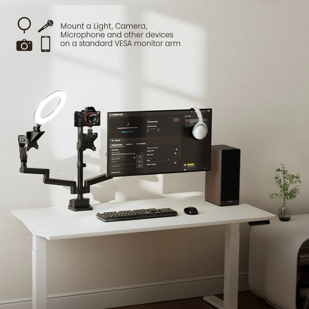 Soporte con Rosca 3/8 y 5/8 para Cámara web , Micrófono, Cámara Profesional, Aro de Luz - Fijación en Pared o Rack Vesa con brazo