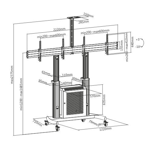 Pedestal con Ruedas Doble Pantalla y Gabinete TV 37 a 60 Pulg / VESA Max 600x400mm / Carga 50 kg