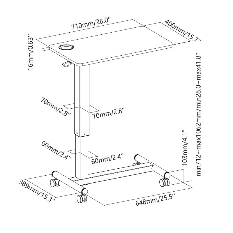 Mesa Auxiliar con Ruedas / Escritorio movil para Laptop / Altura Pata 103mm / Tablero Melamina 71 x 40cm / Altura regulable 71 a 106cm / Uso en Cama , Sofa u Hospital
