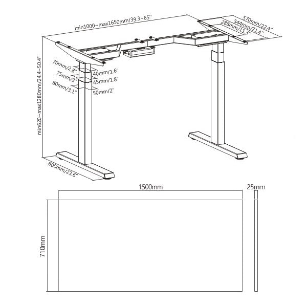 Escritorio Eléctrico + Tablero Melamina 150 x 71 cm Espesor 25mm / Doble Motor / Carga 125 kg /Altura Regulable para trabajar Sentado y Parado
