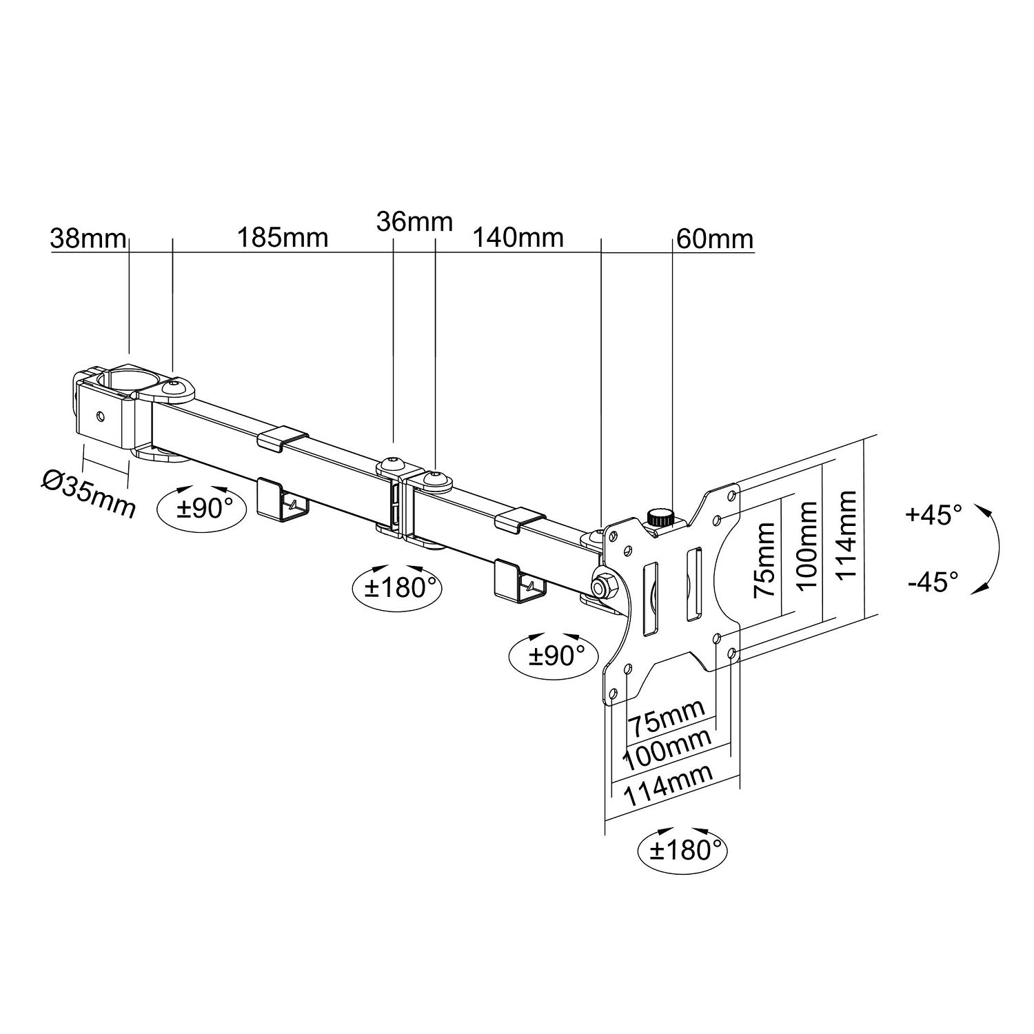 Brazo articulado para Monitor 13 a 32 pulg para montaje en poste Tubular Diámetro 3.5 cm