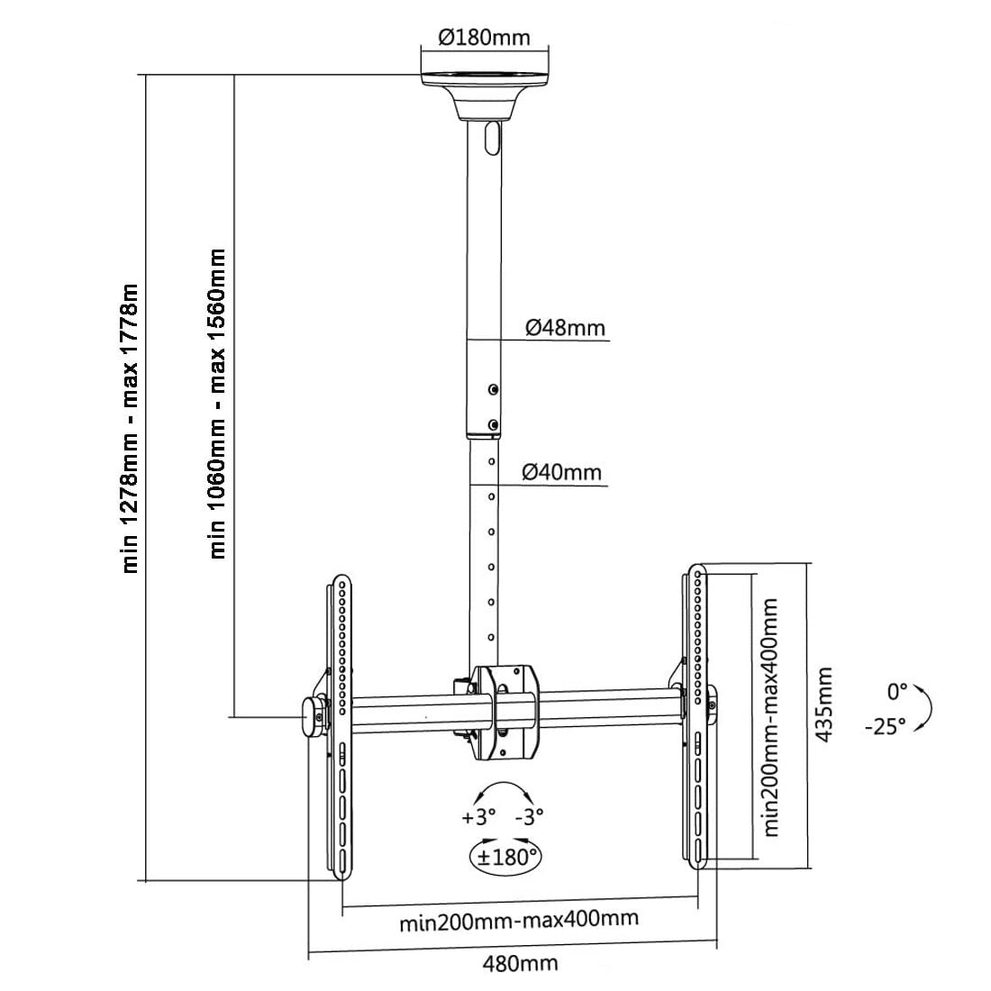 Rack Techo TV 32 a 65 Pulg / Alt Regulable 106 a 156 cm / VESA Max 400x400mm / Carga 50 kg