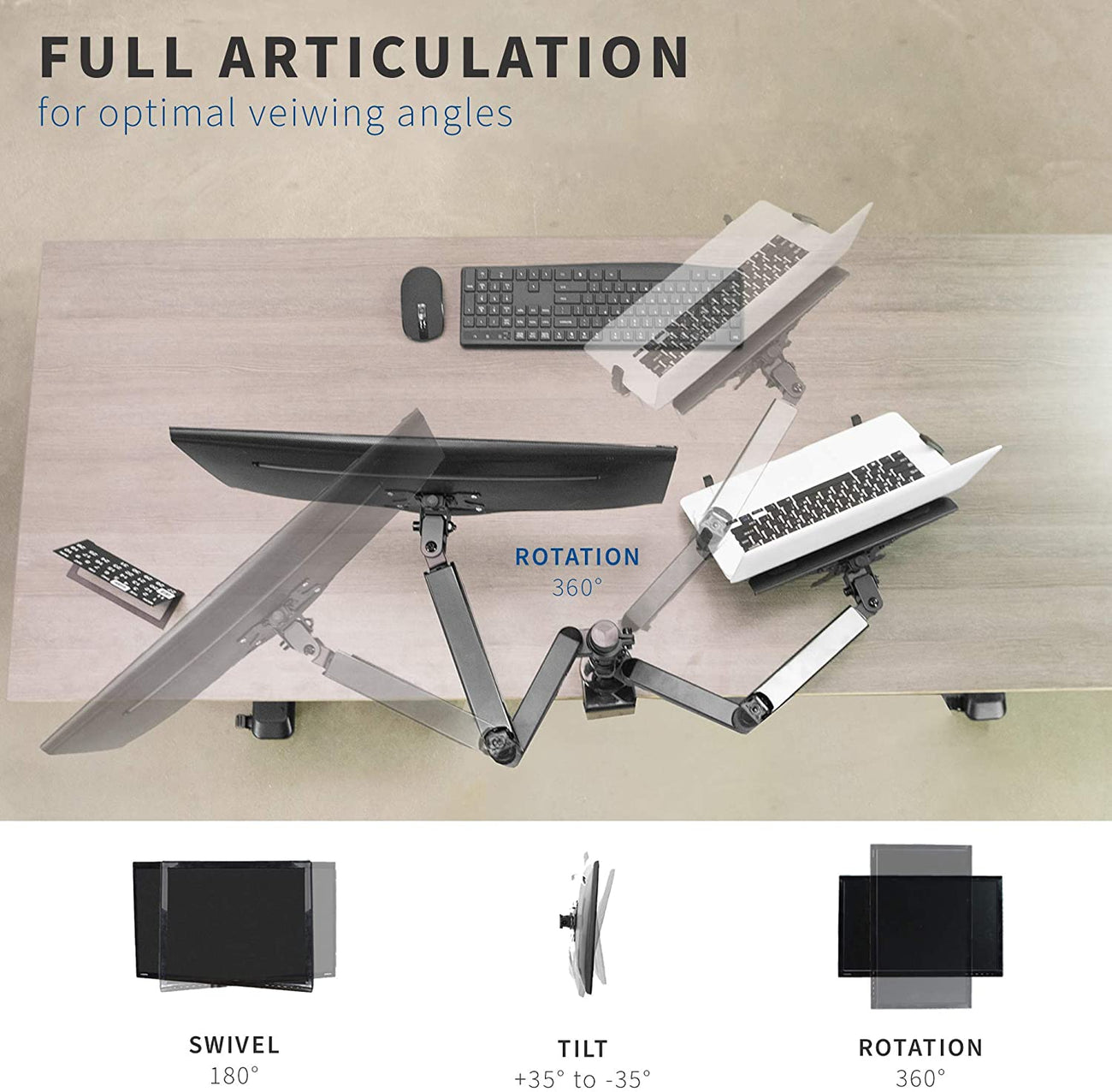 Rack Soporte Doble Brazo con Gas Spring de Escritorio para Laptop 10 a 15.6 Pulg y Monitor 17 a 32 Pulg