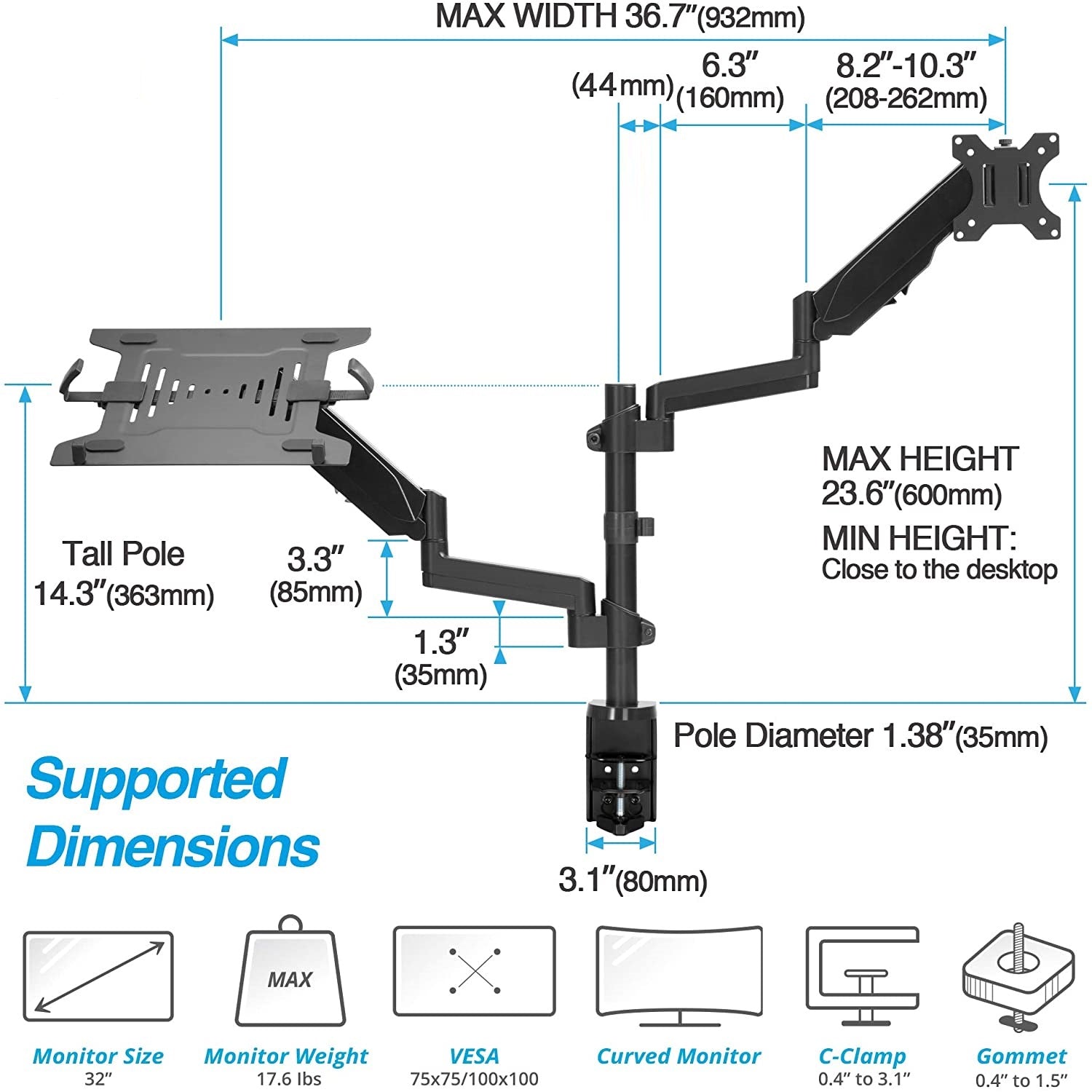Rack Soporte Doble Brazo con Gas Spring de Escritorio para Laptop 10 a 15.6 Pulg y Monitor 17 a 32 Pulg