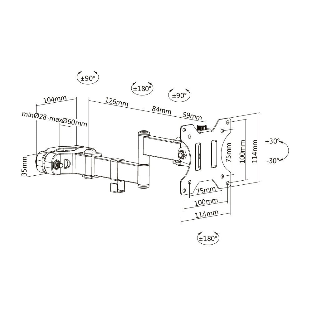 Brazo articulado Universal para Monitor 17 a 32 Pulg con Abrazadera para Montaje en Poste / Tubo Tubular Diámetro 2.8~6 cm