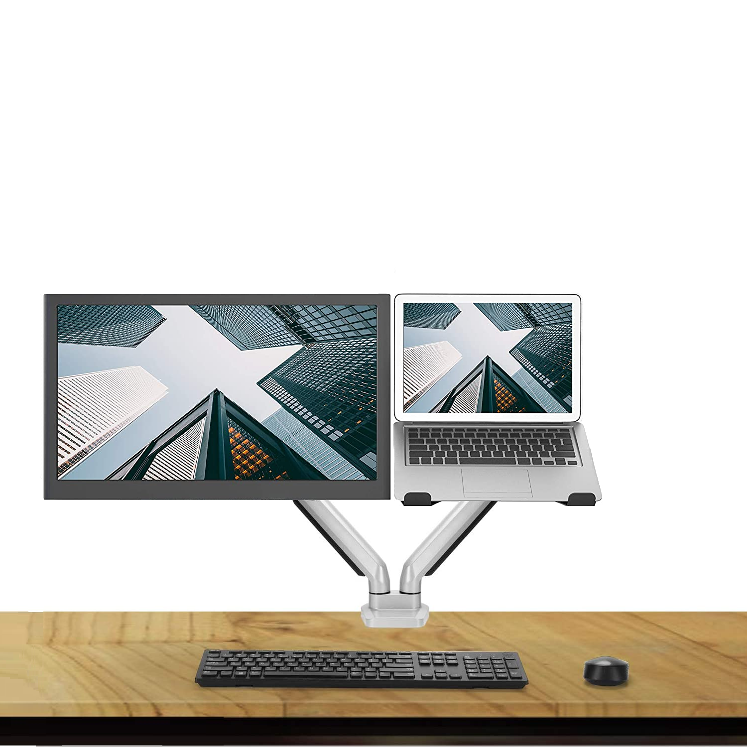 Rack Soporte Doble Brazo con Gas Spring de Escritorio para Laptop 10 a 15 Pulg y Monitor 32 Pulg / Puerto USB y Audio