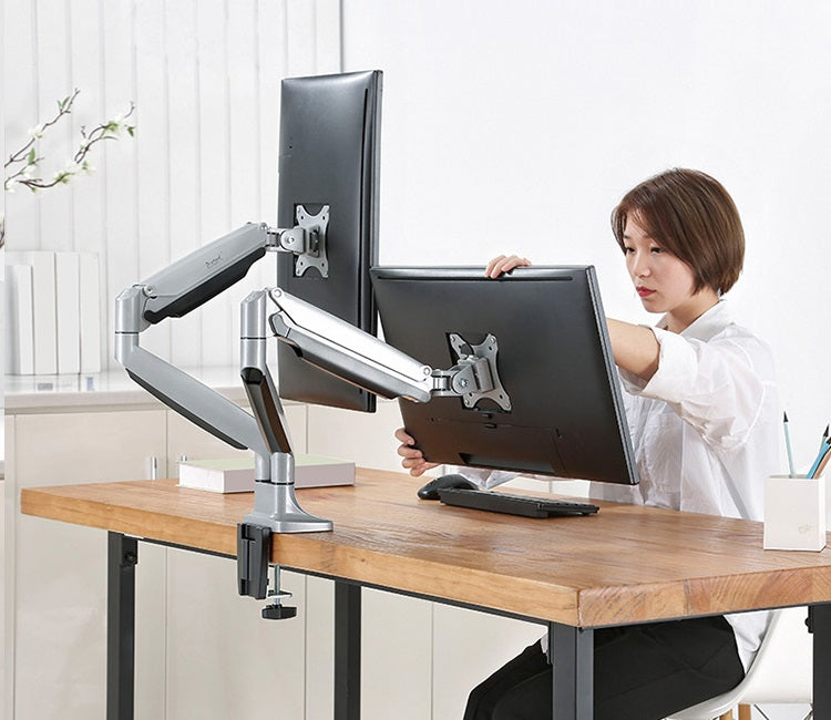 Rack Soporte Doble Brazo con Gas Spring de Escritorio para 2 Monitores 13 a 32 pulg / Puerto USB y Audio