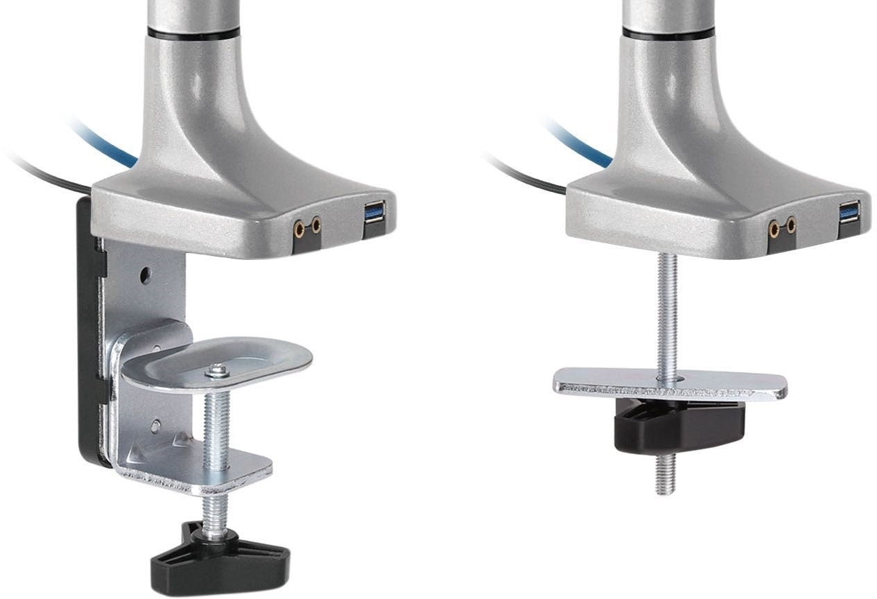 Rack Soporte Doble Brazo con Gas Spring de Escritorio para 2 Monitores 13 a 32 pulg / Puerto USB y Audio