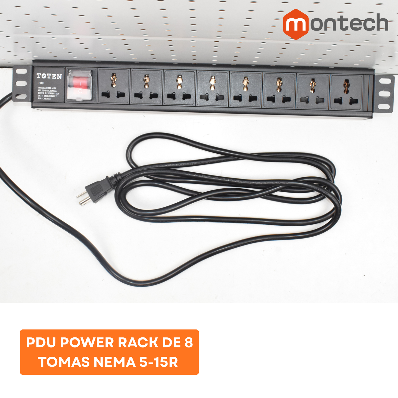 PDU Power Rack tomacorriente 8 tomas Nema 5-15R / Enchufe Nema 5-15P  / Cable 3Mt x 16AWG