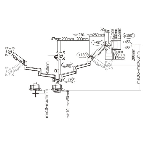 RACK CON TRIPLE BRAZO GAS SPRING PARA 3 MONITORES DE 17 A 30 PULG -MONTADO EN POSTE
