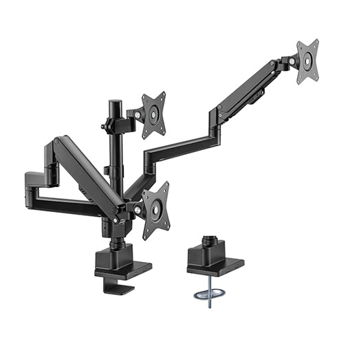 RACK CON TRIPLE BRAZO GAS SPRING PARA 3 MONITORES DE 17 A 30 PULG -MONTADO EN POSTE