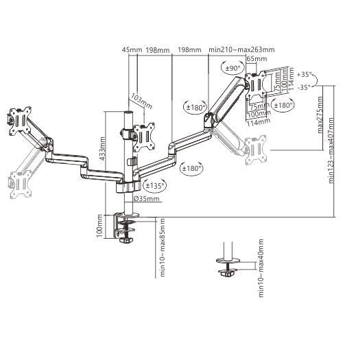 RACK CON TRIPLE BRAZO GAS SPRING PARA 3 MONITORES DE 17 A 27 PULG -MONTADO EN POSTE