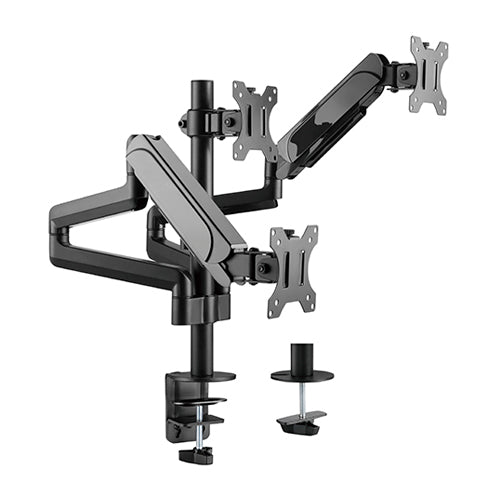 RACK CON TRIPLE BRAZO GAS SPRING PARA 3 MONITORES DE 17 A 27 PULG -MONTADO EN POSTE