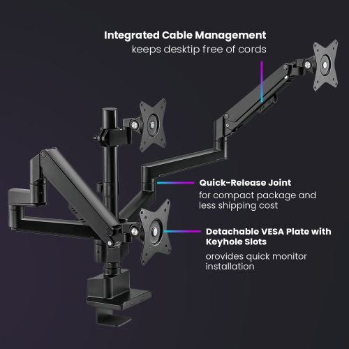 RACK CON TRIPLE BRAZO GAS SPRING PARA 3 MONITORES DE 17 A 30 PULG -MONTADO EN POSTE