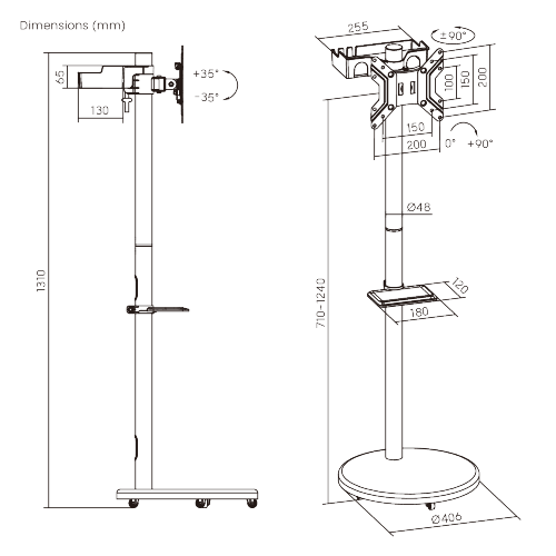 Soporte Pedestal con Base y ruedas ocultas para TV 17 a 43 Pulg / VESA Max 200x200mm