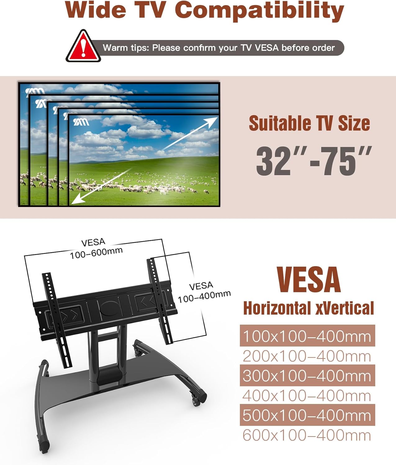 Pedestal con Inclinación 90° TV 32 a 75 Pulg / VESA  Max 600x400mm / Carga 75Kg
