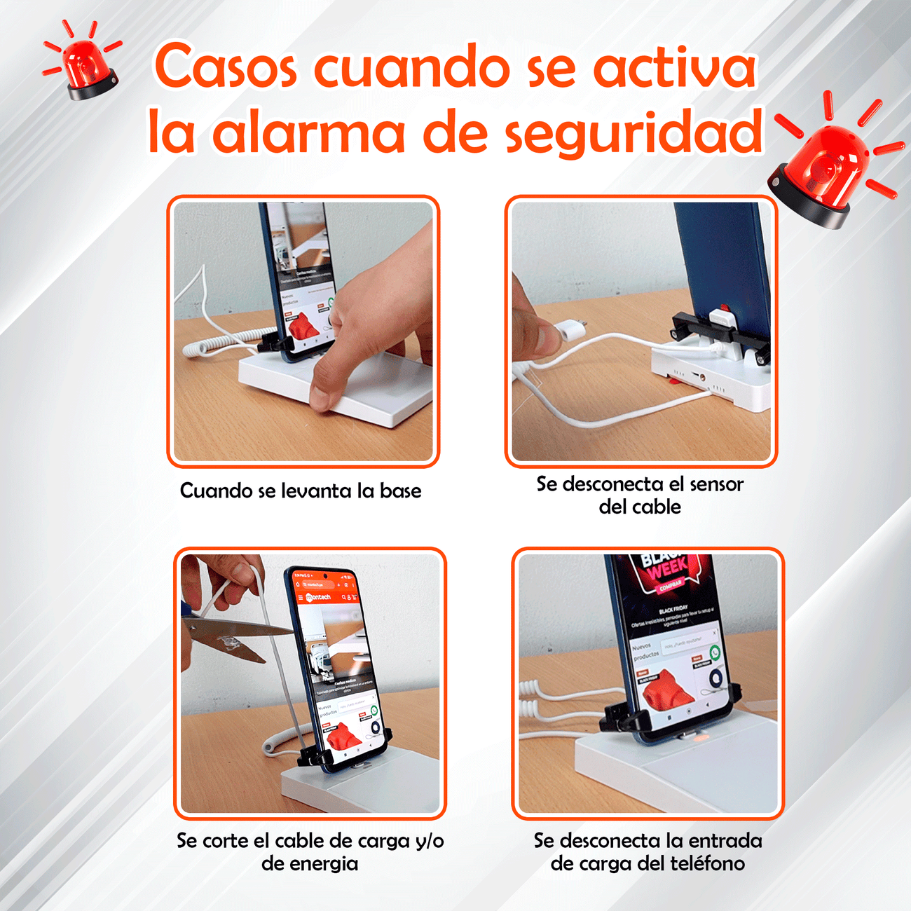Soporte antirrobo con alarma para exhibición de celulares con etiqueta de precio