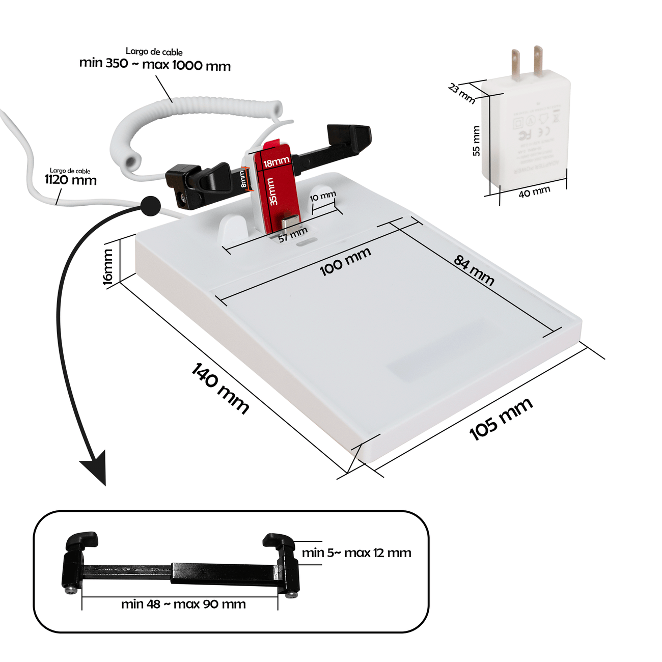 Soporte antirrobo con alarma para exhibición de celulares con etiqueta de precio
