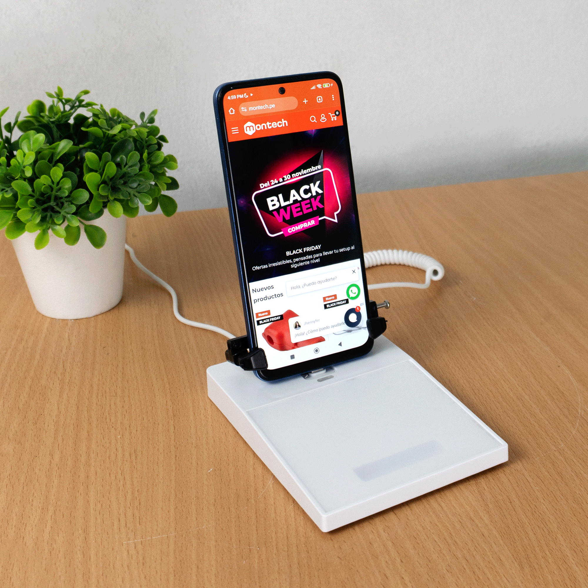 Soporte antirrobo con alarma para exhibición de celulares con etiqueta de precio