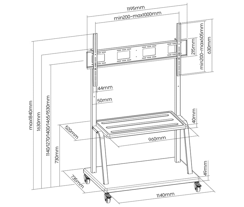 Pedestal Ultra Pesado para TV Pantalla Interactiva 55 a 100 Pulg / VESA Max 1000x600mm / Carga 150 kg