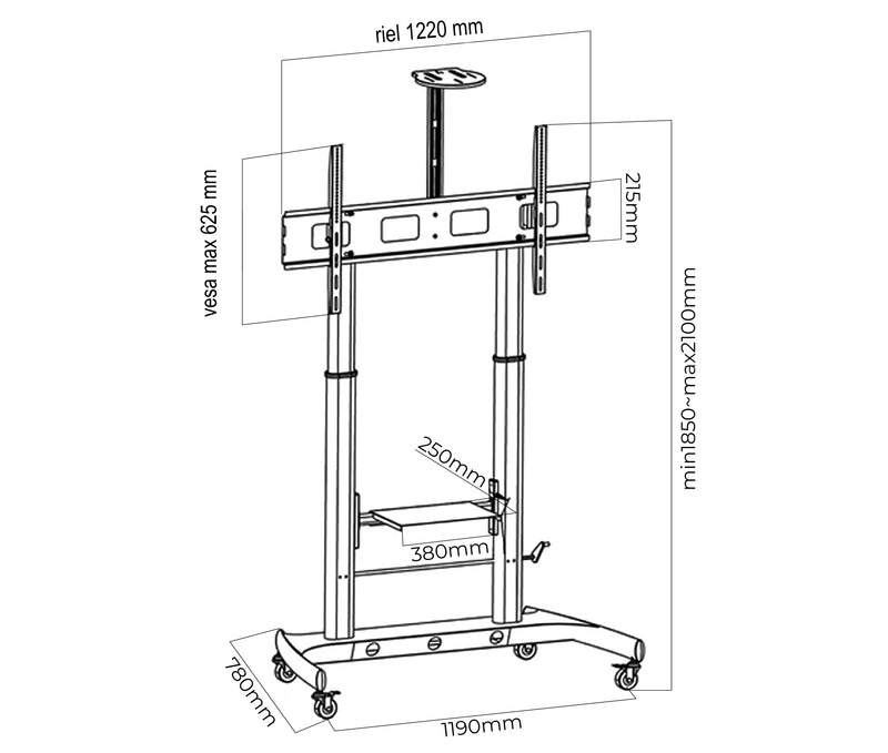 Pedestal con Rueda para TV 60 a 100 Pulg y Pantalla interactiva 55 a 86 pulg / VESA Max 1200x600mm / Carga 100 kg