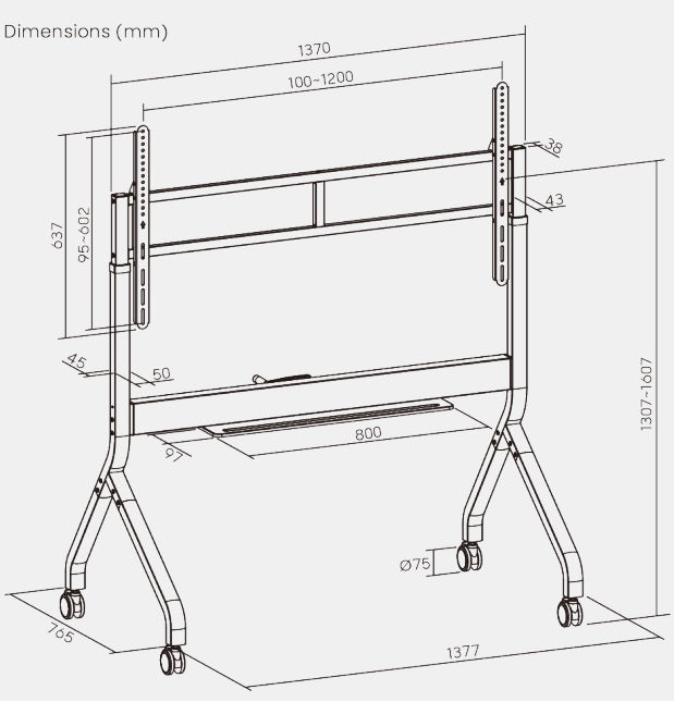 Rack Pedestal con Manivela  TV 60 a 110 PULG / Vesa Max 1200X600MM / Carga 120 KG - GRIS