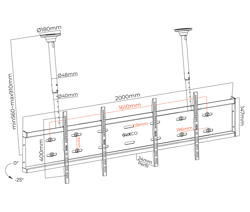 Soporte Techo Videowall 1x2 doble TV 49 a 55 Pulg / Alt Regulable 56 a 91 cm / 200 cm / VESA Max 600x400mm