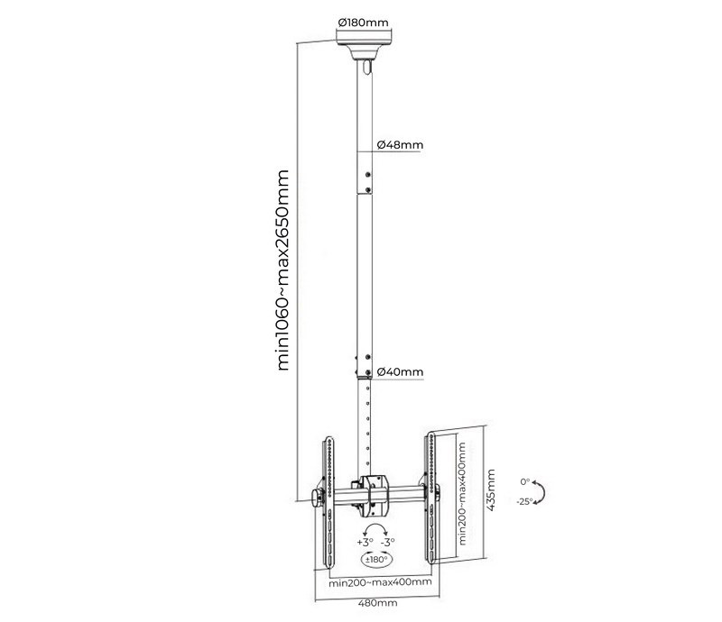 Rack Techo TV 32 a 65 Pulg / Alt Regulable 106 a 265 cm / VESA Max 400x400mm / Carga 50 kg